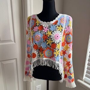 House of Harlow 1960 Colorful Crochet Floral Sweater / Shawl